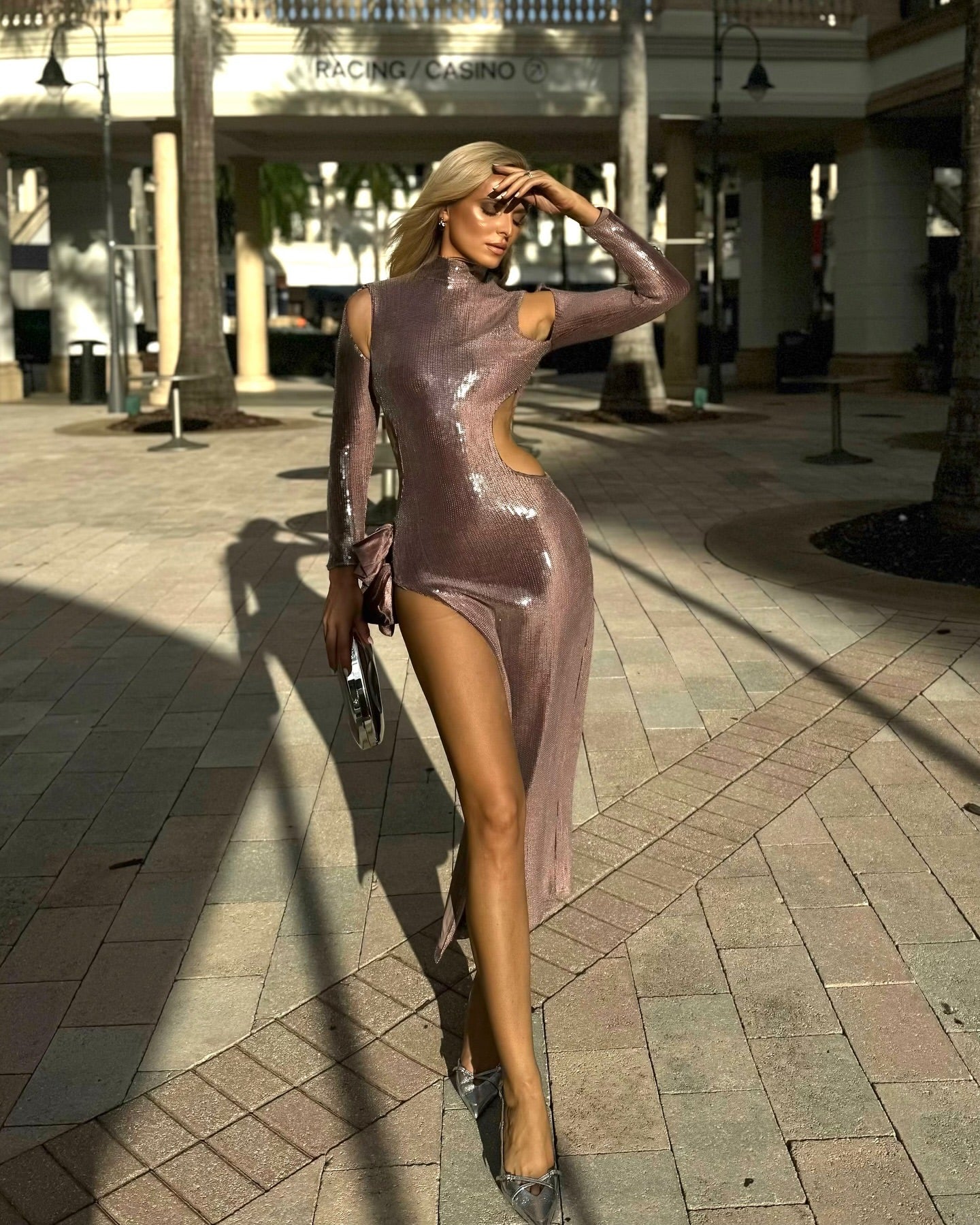 Long Sleeve Bow Detail Sequin Maxi Dress HV1705