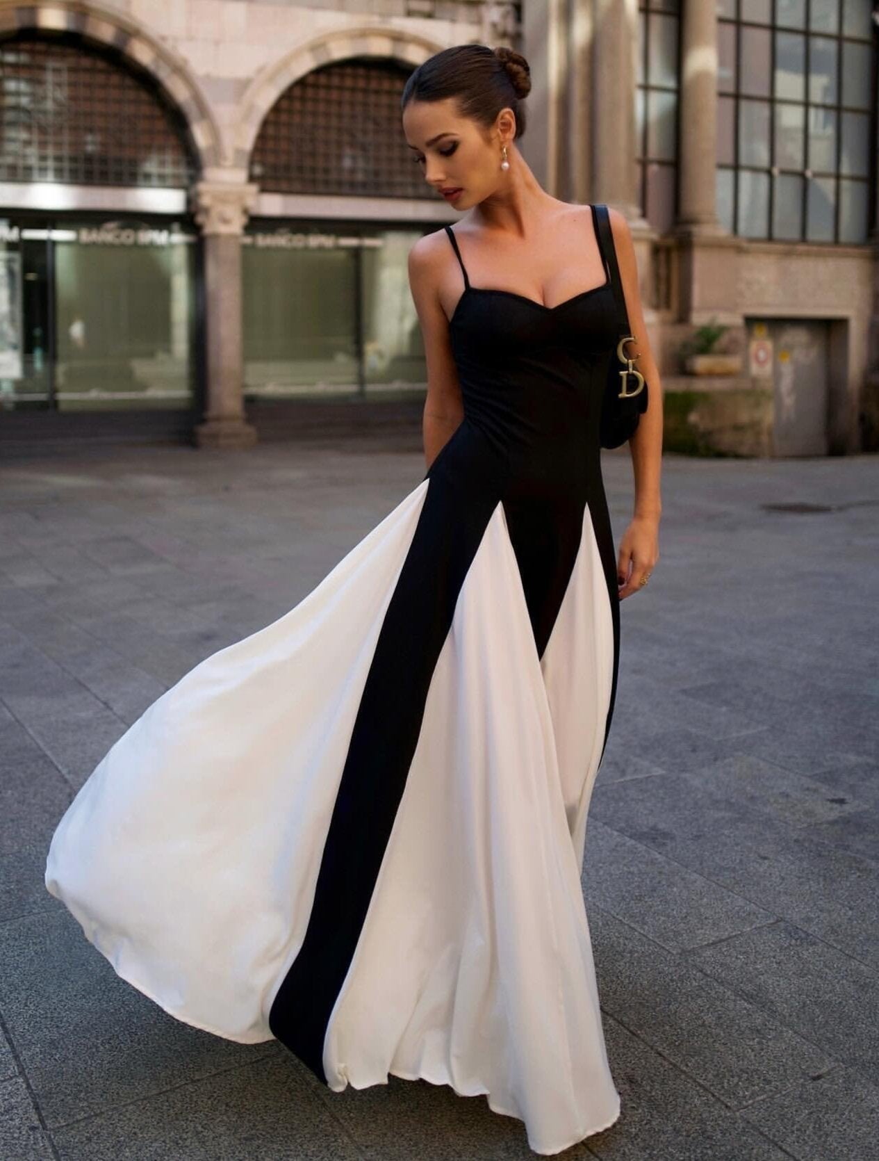 A Line Maxi Dress Black White HV1712