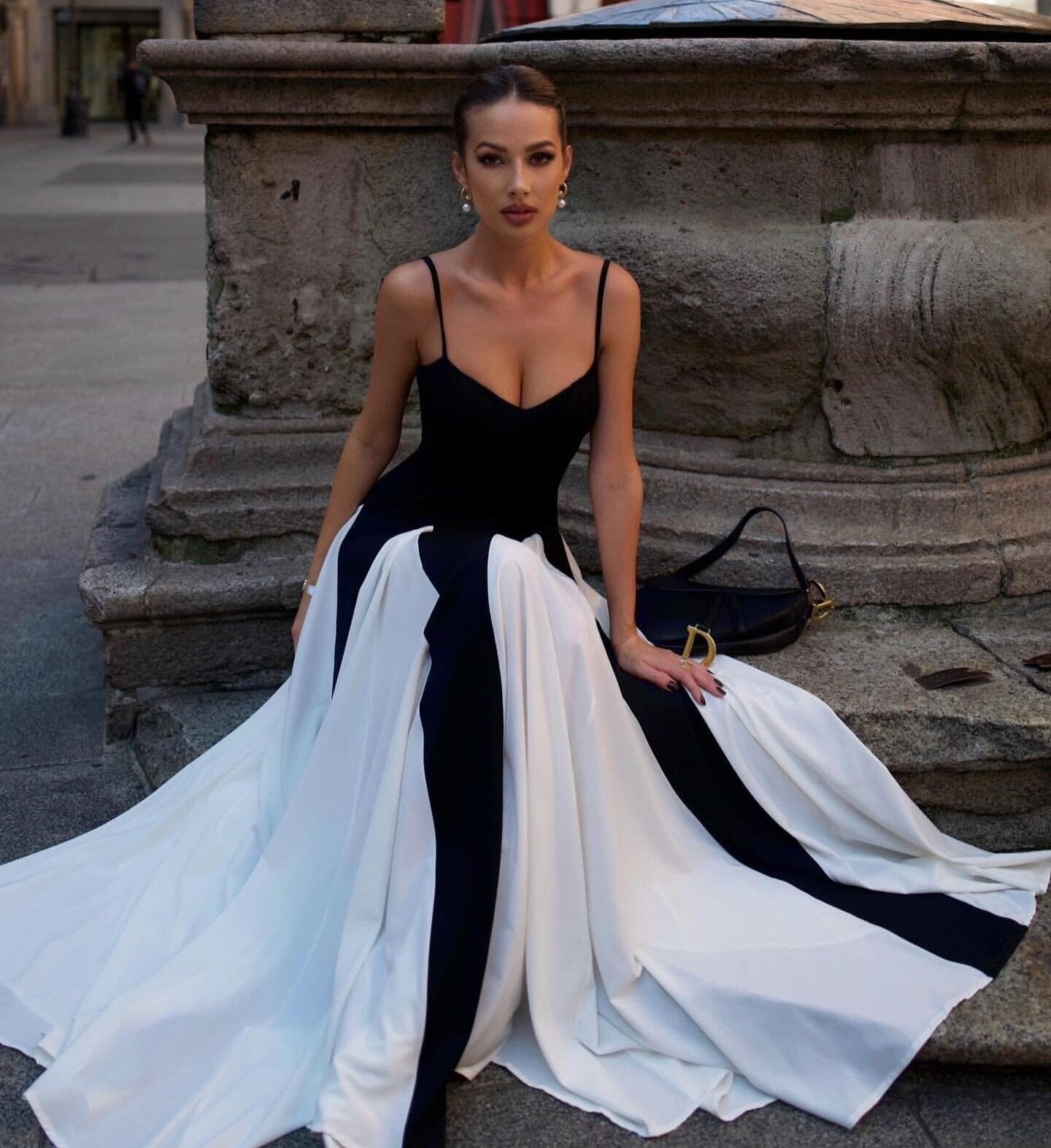 A Line Maxi Dress Black White HV1712