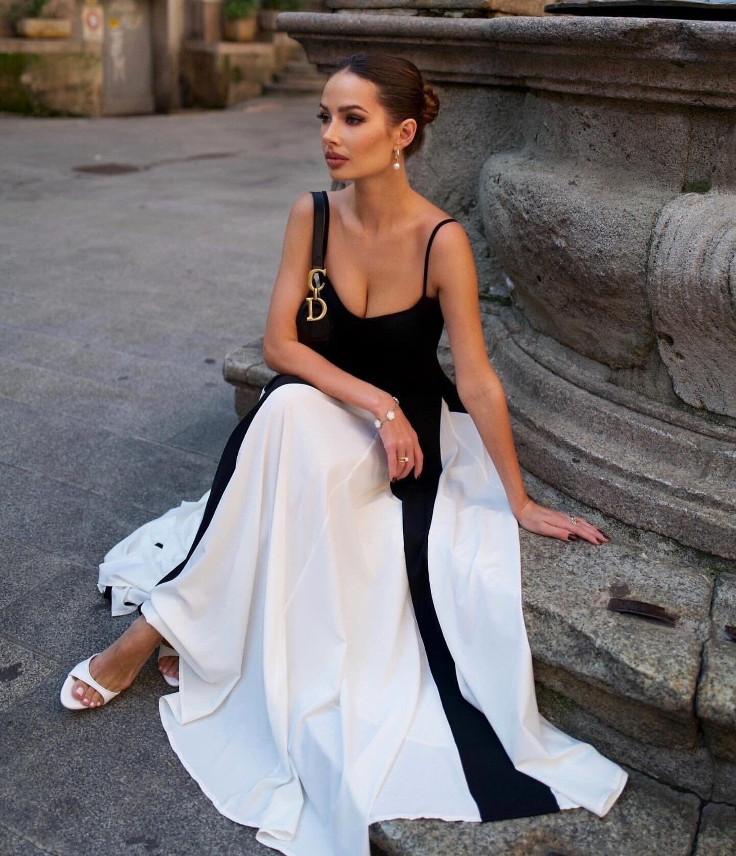 A Line Maxi Dress Black White HV1712
