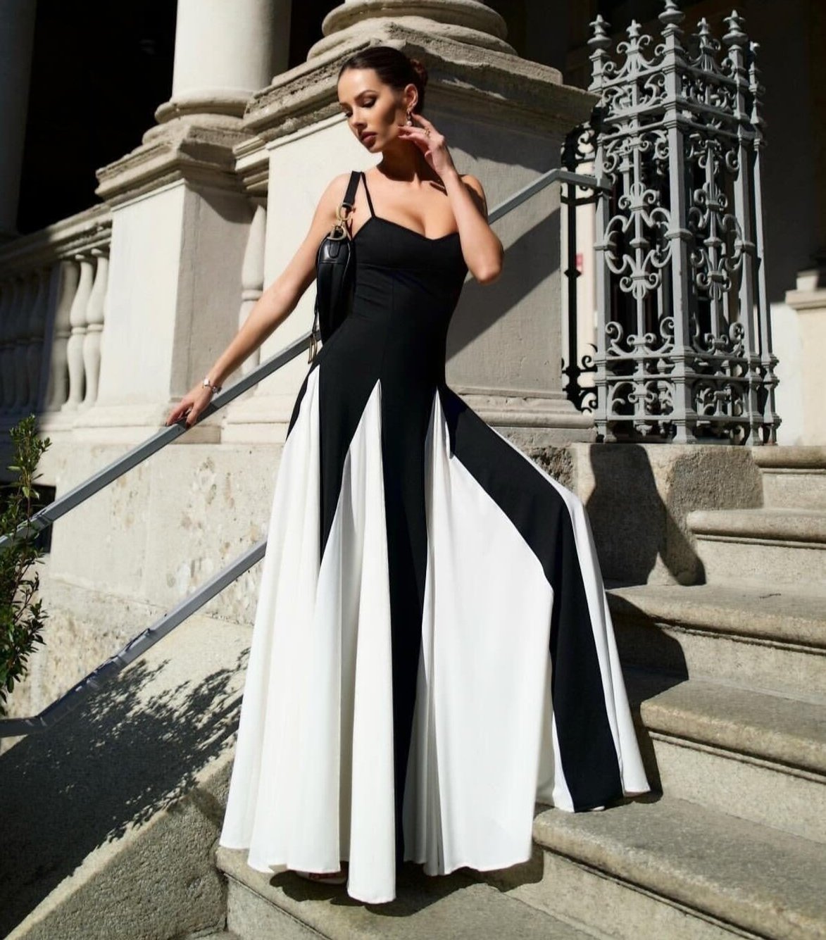 A Line Maxi Dress Black White HV1712