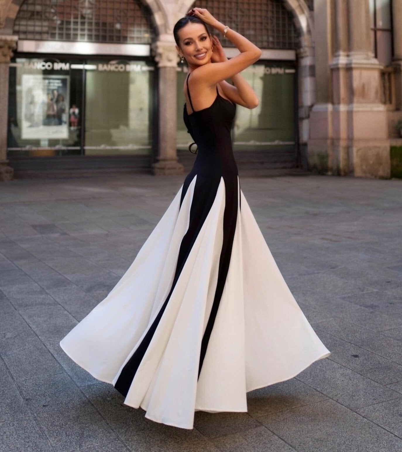 A Line Maxi Dress Black White HV1712