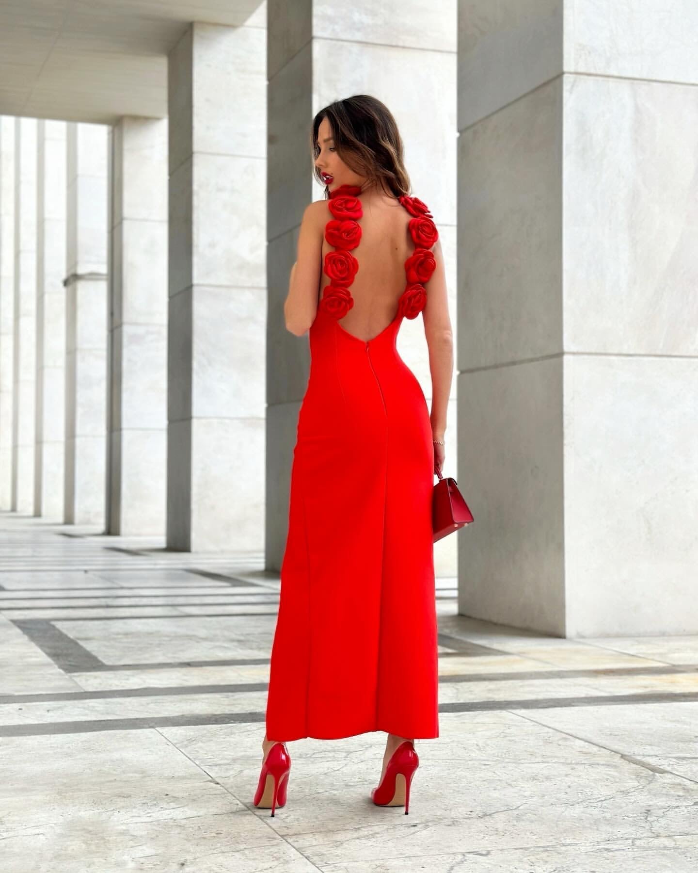 Halter Floral Backless Maxi Dress Red HV1733