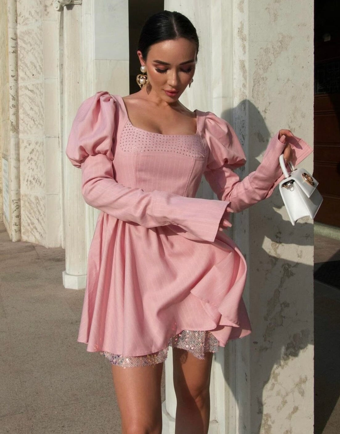 Puff Long Sleeve Crystal Corset A Line Dress HV1246