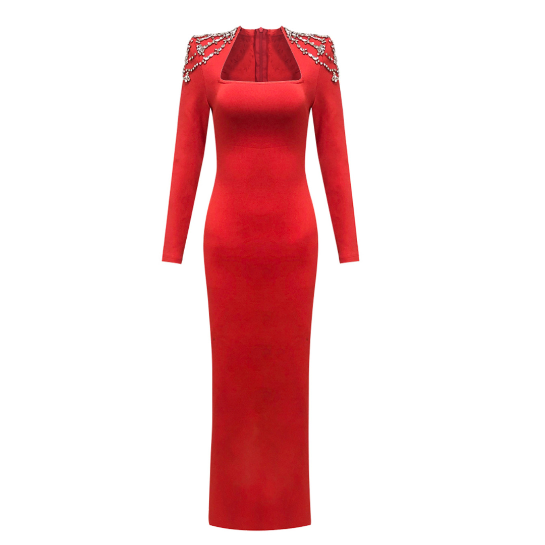 Long Sleeve Crystal Shoulder Maxi Dress Red BB10026