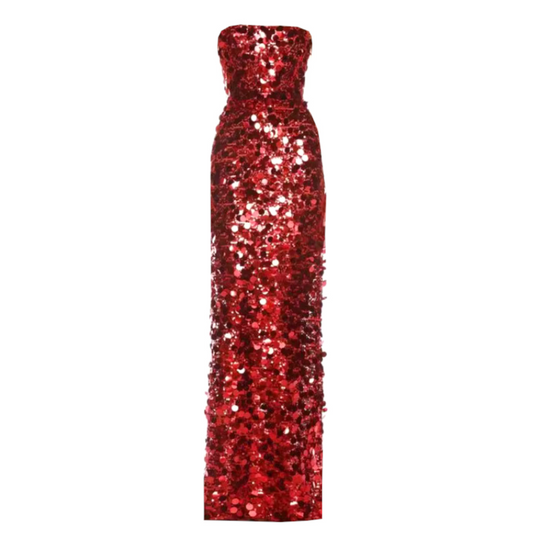 Strapless Big Sequins Maxi Dress Red BB505