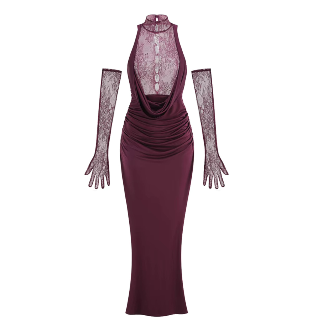 Halter Lace Insert Maxi Dress Plum HV1930