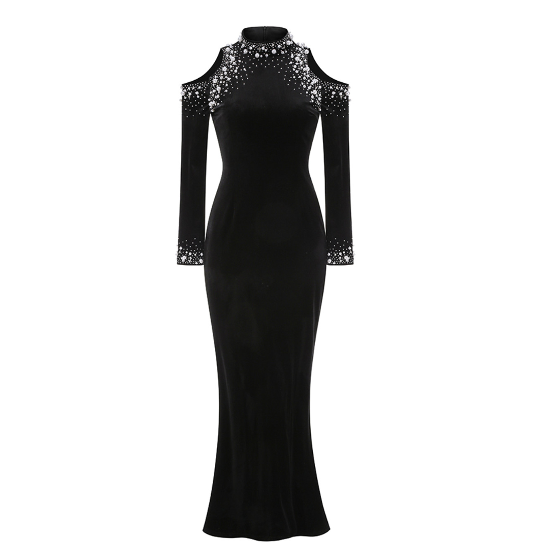 Long Sleeve Pearl Crystal Maxi Velvet Dress Black HV1928