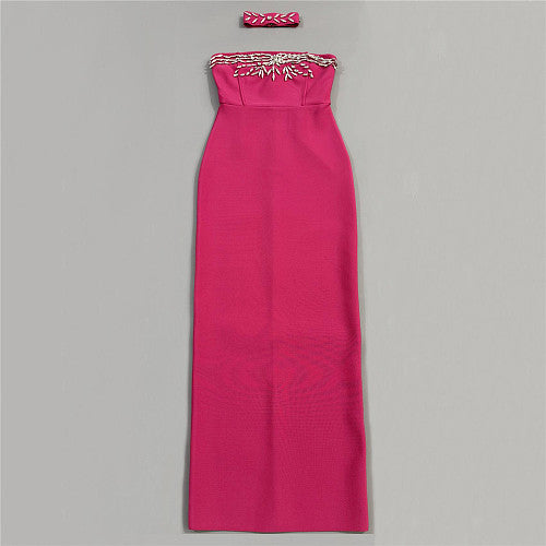 Strapless Crystal Choker Maxi Dress Hot Pink HV2990