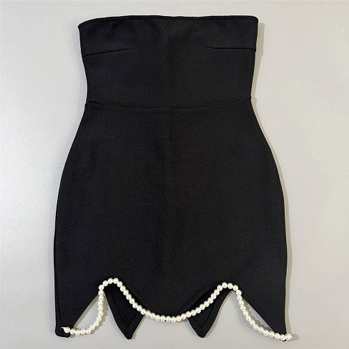 Strapless Pearl Detail A Line Maxi Dress Black White HV2992