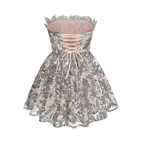 Strapless Floral Sequin A Line Corset Dress Silver HV2997