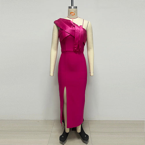 One Shoulder Draped Midi Dress Hot Pink HV3004