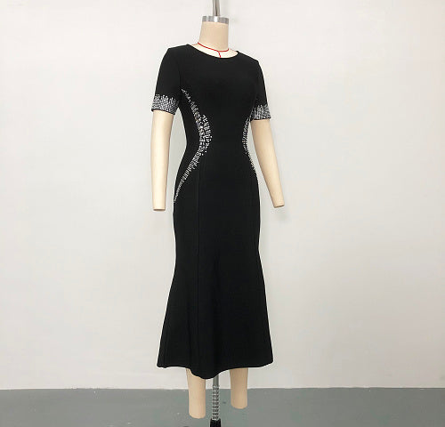 Short Sleeve Crystal Fluted Midi Dress Black HV3012