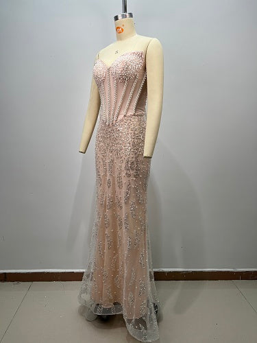 Strapless Sequin Pearl Corset Maxi Dress Nude Pink HV3017