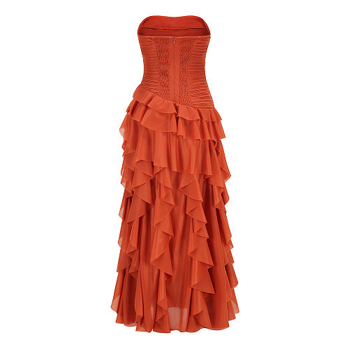 Strapless Ruffle Maxi Dress Orange HV3022