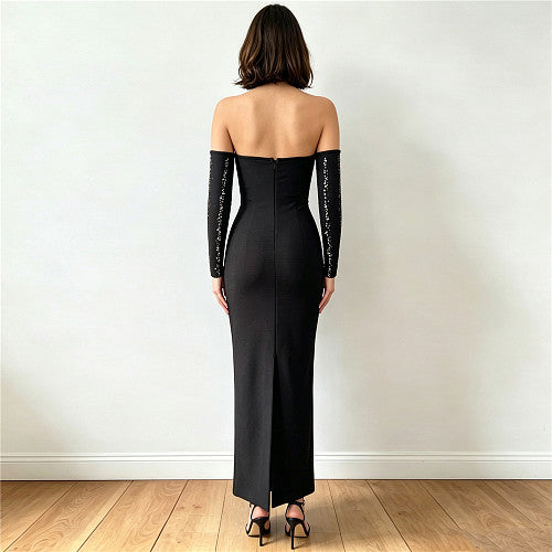 Embellished Long Sleeve Bardot Maxi Dress Black HV3024