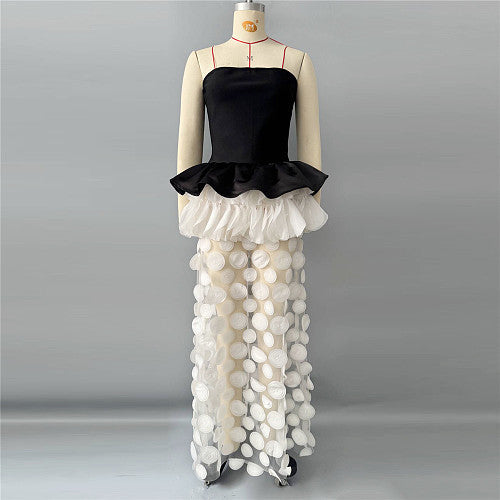 Strapless Floral Peplum Maxi Dress Black Ivory HV3025