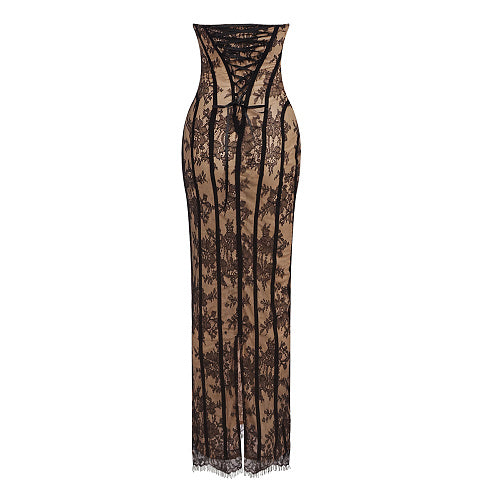 Strapless Lace Corset Maxi Dress Burgundy HV0079