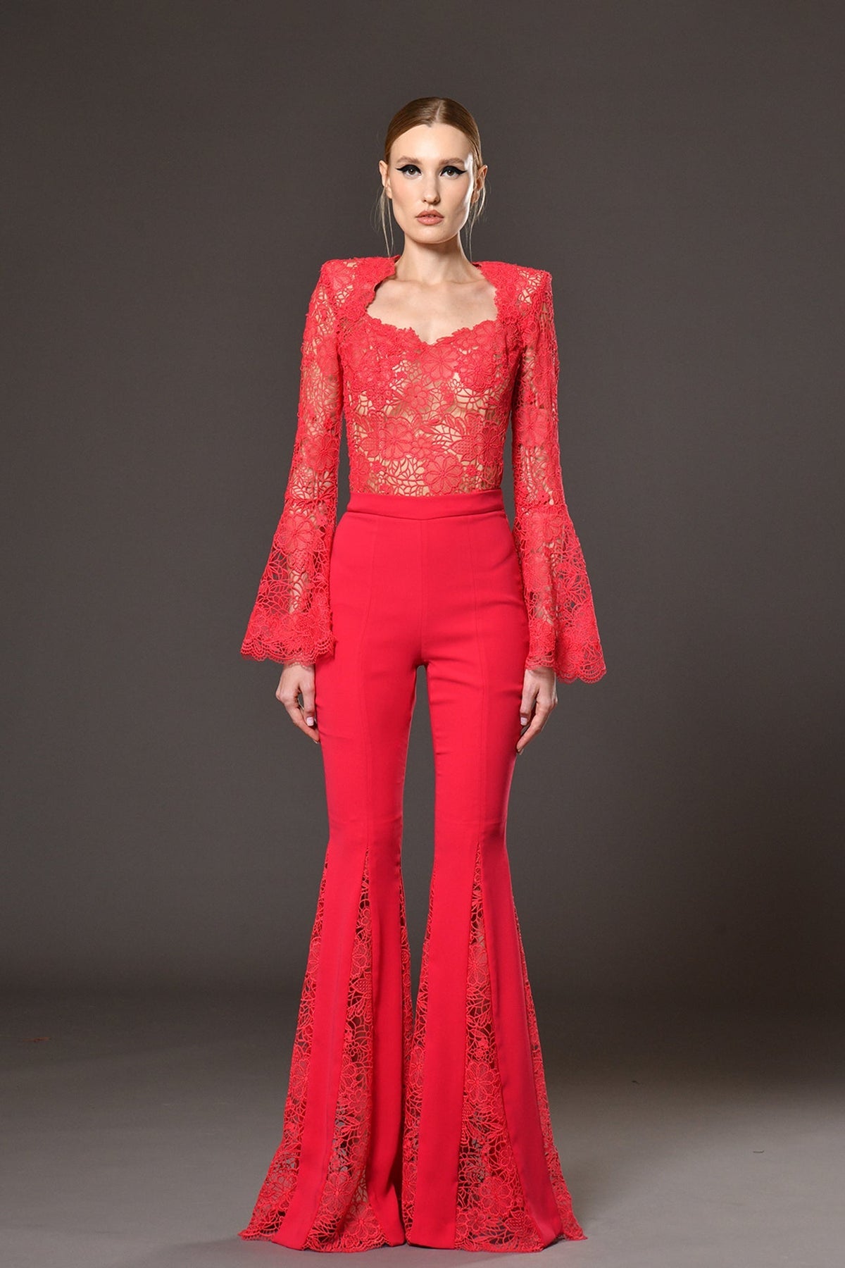 Long Sleeve Crochet Two Piece Jumpsuit Red