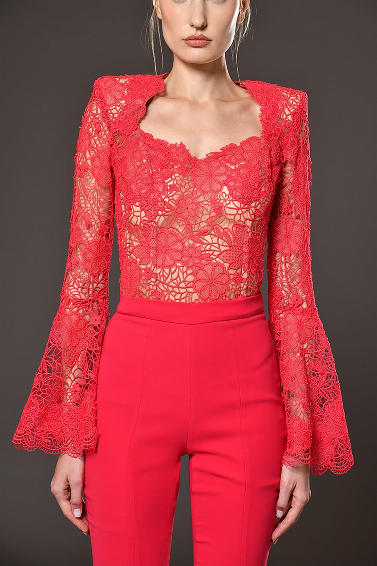 Long Sleeve Crochet Two Piece Jumpsuit Red
