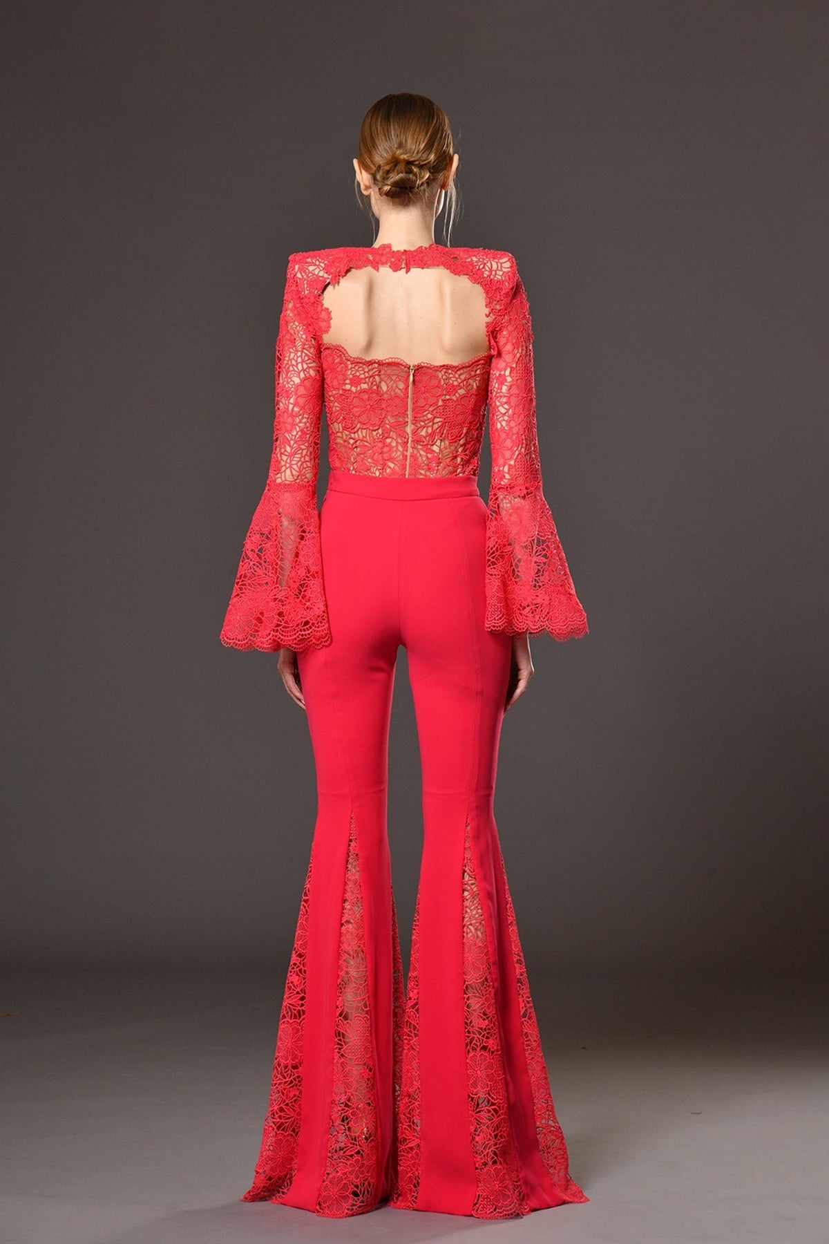 Long Sleeve Crochet Two Piece Jumpsuit Red