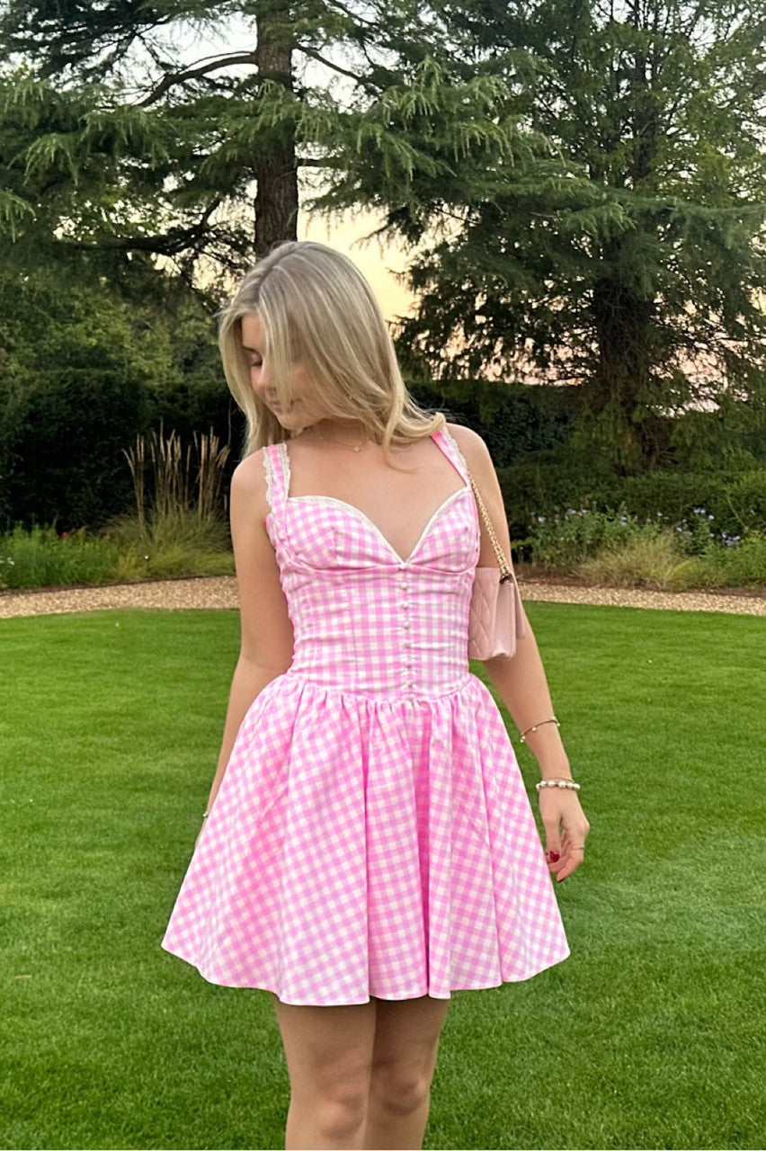 Lace Bustier A Line Dress Hot Pink White
