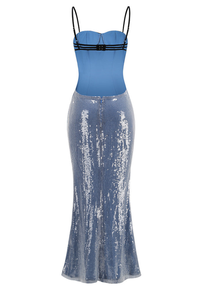 Lace Bustier Backless Sequin Maxi Dress Blue Black HV3009