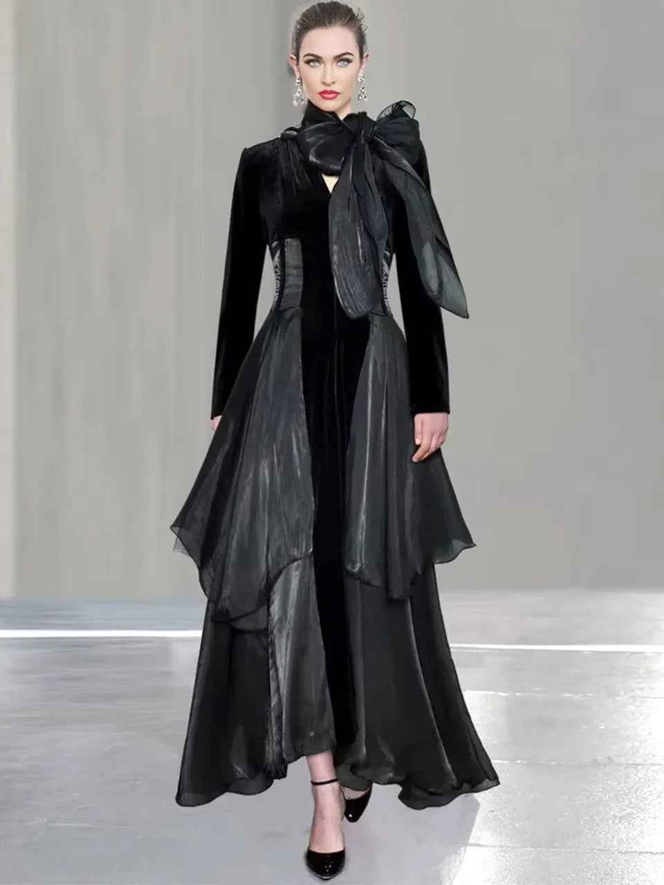 Long Sleeve A Line Maxi Velvet Dress Black