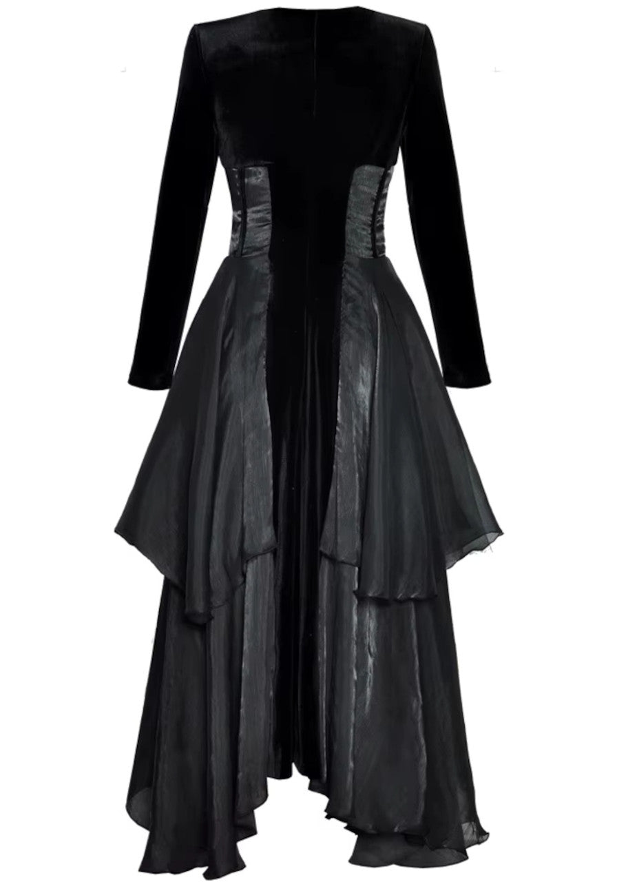 Long Sleeve A Line Maxi Velvet Dress Black