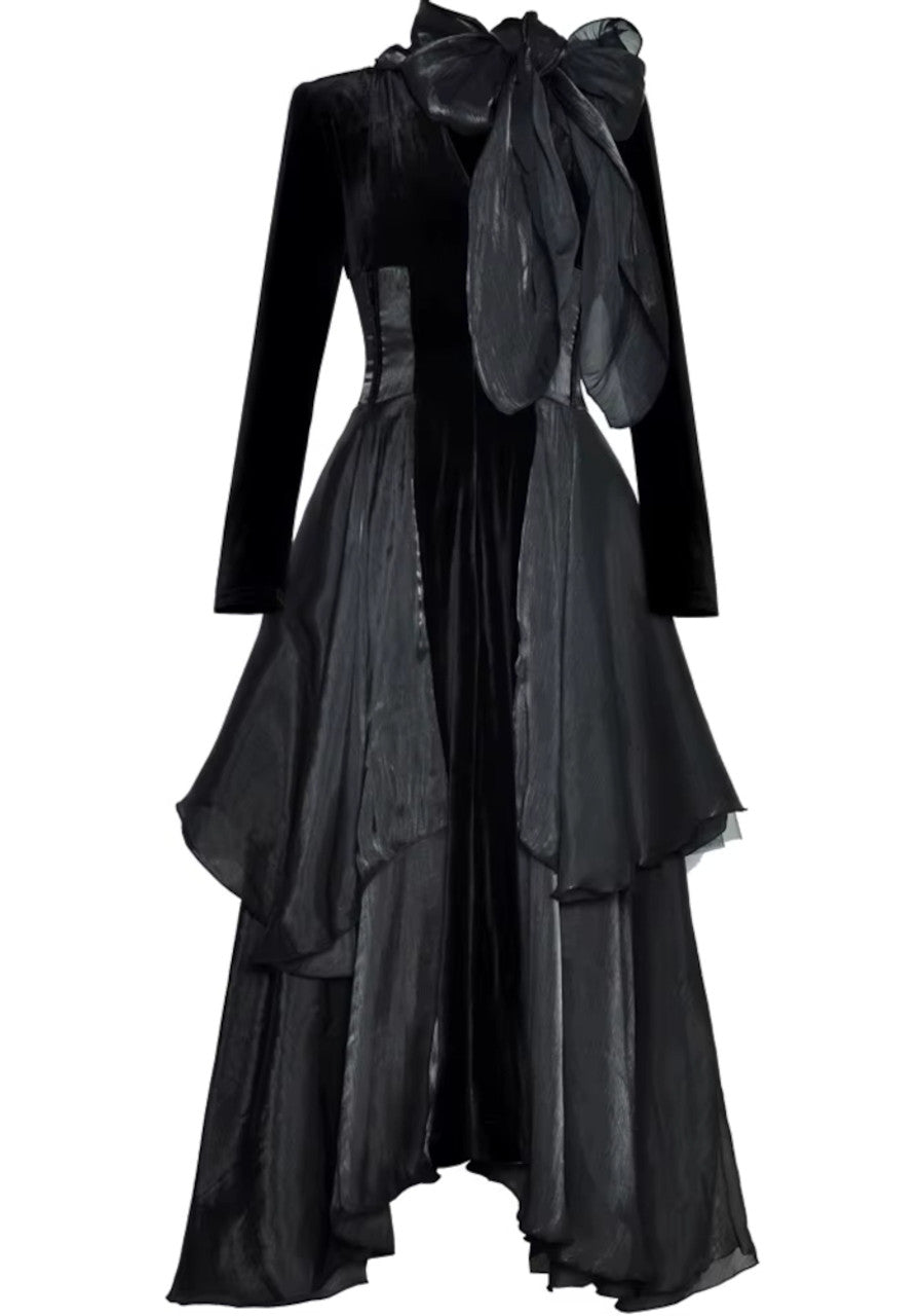 Long Sleeve A Line Maxi Velvet Dress Black