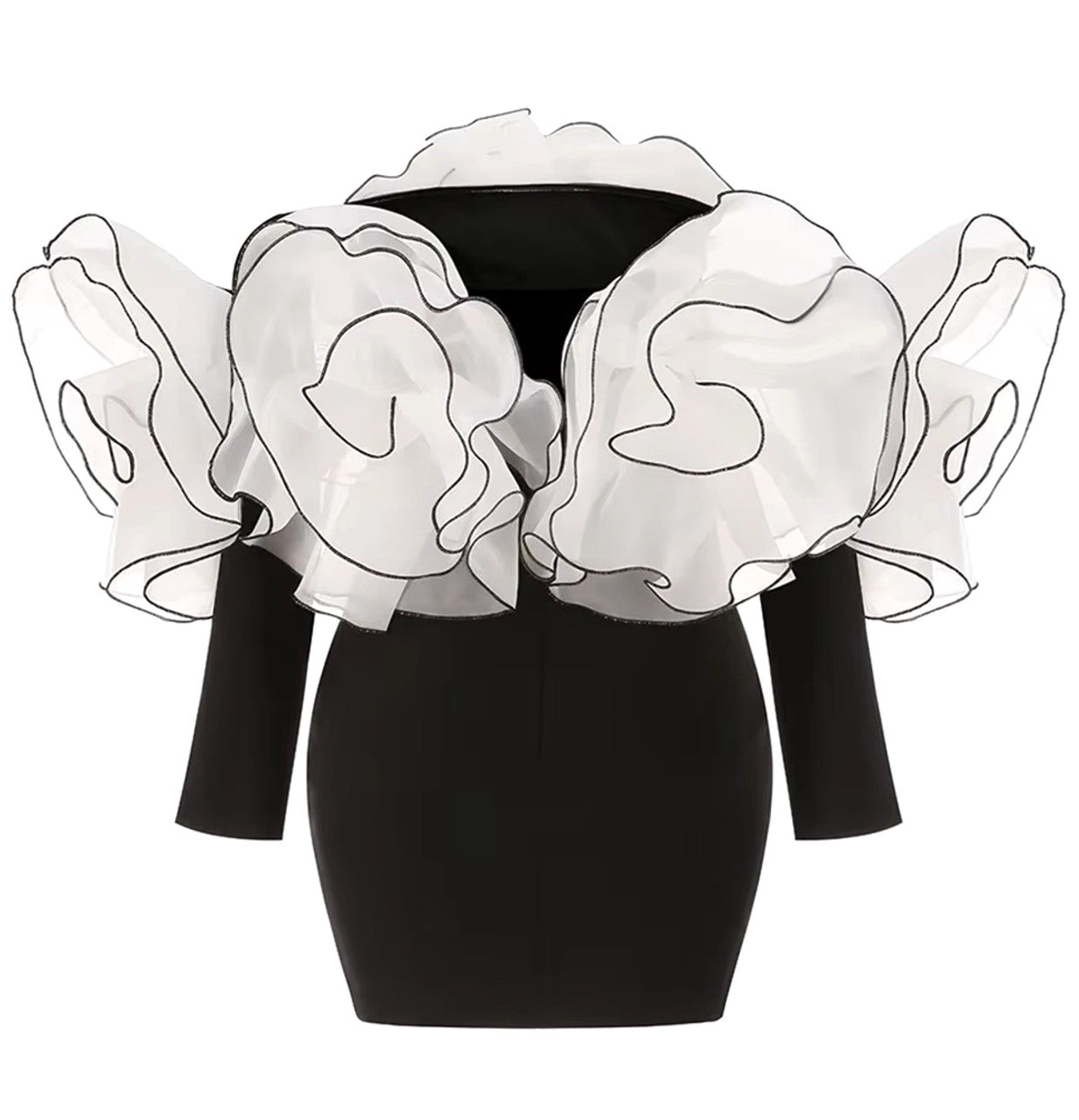 Long Sleeve Bardot Floral Detail Dress Black White
