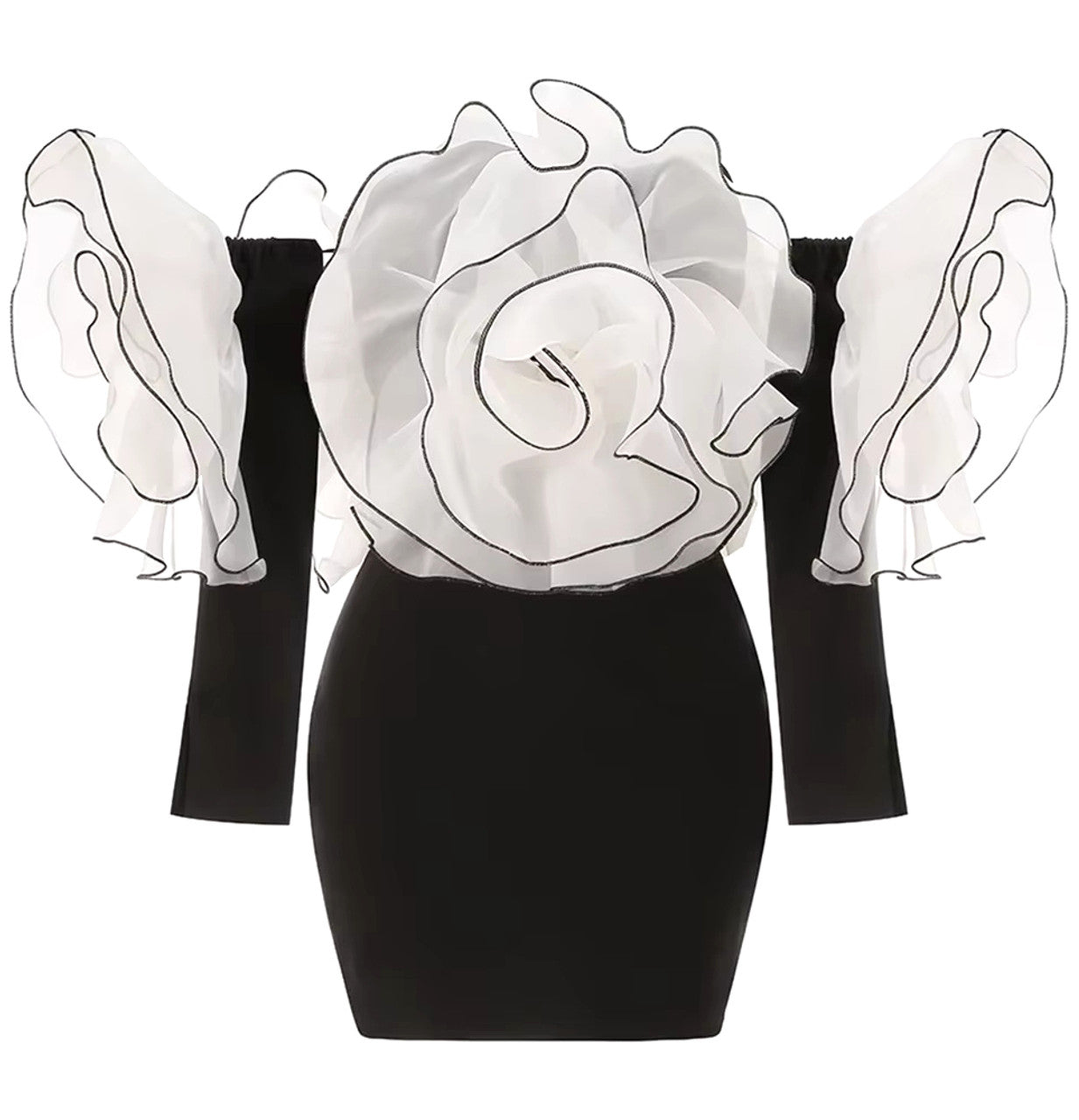 Long Sleeve Bardot Floral Detail Dress Black White
