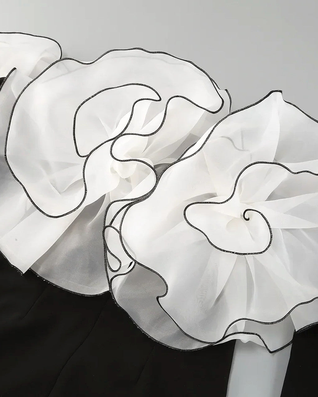 Long Sleeve Bardot Floral Detail Dress Black White