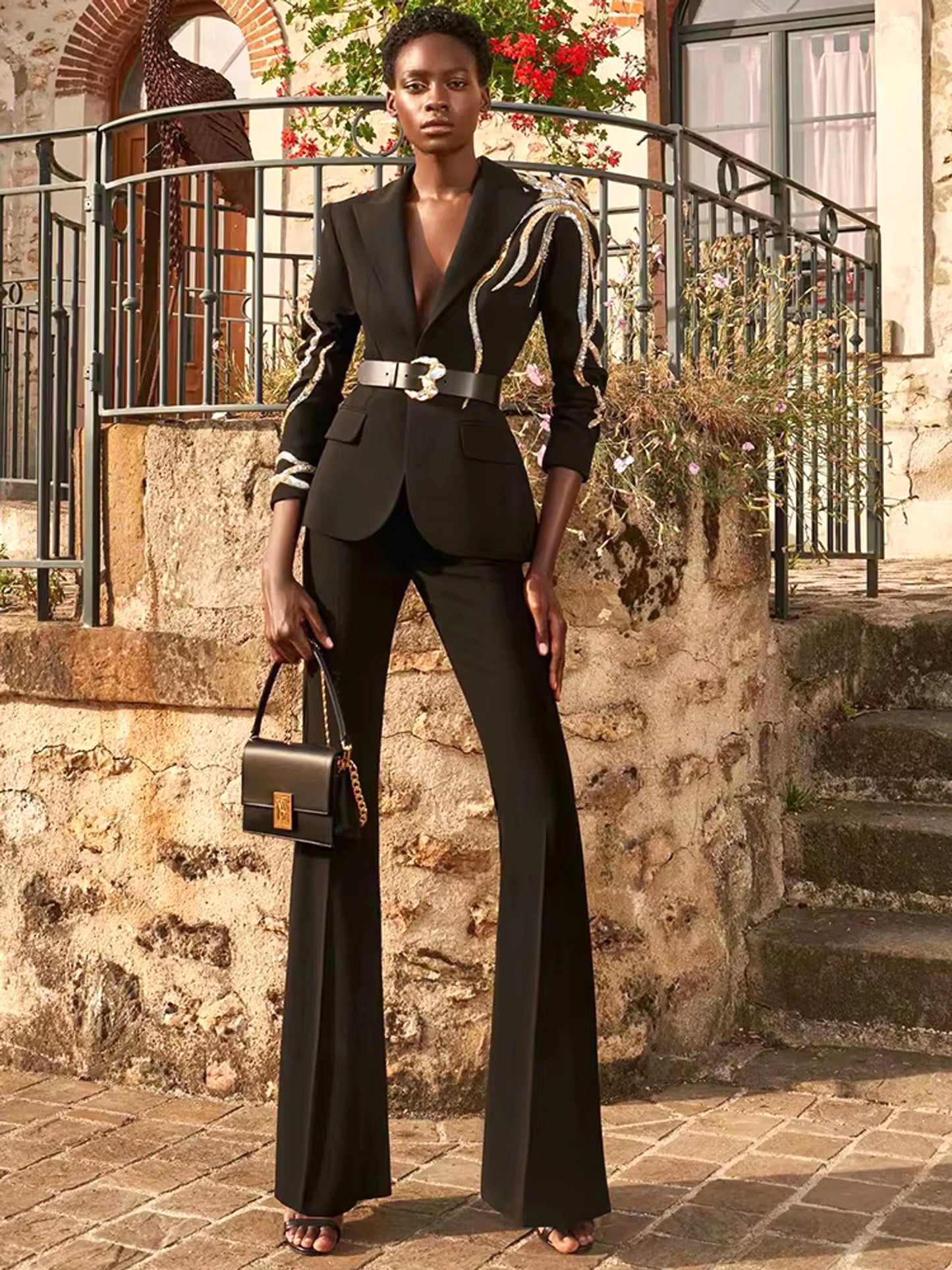 Long Sleeve Belt Crystal Suit