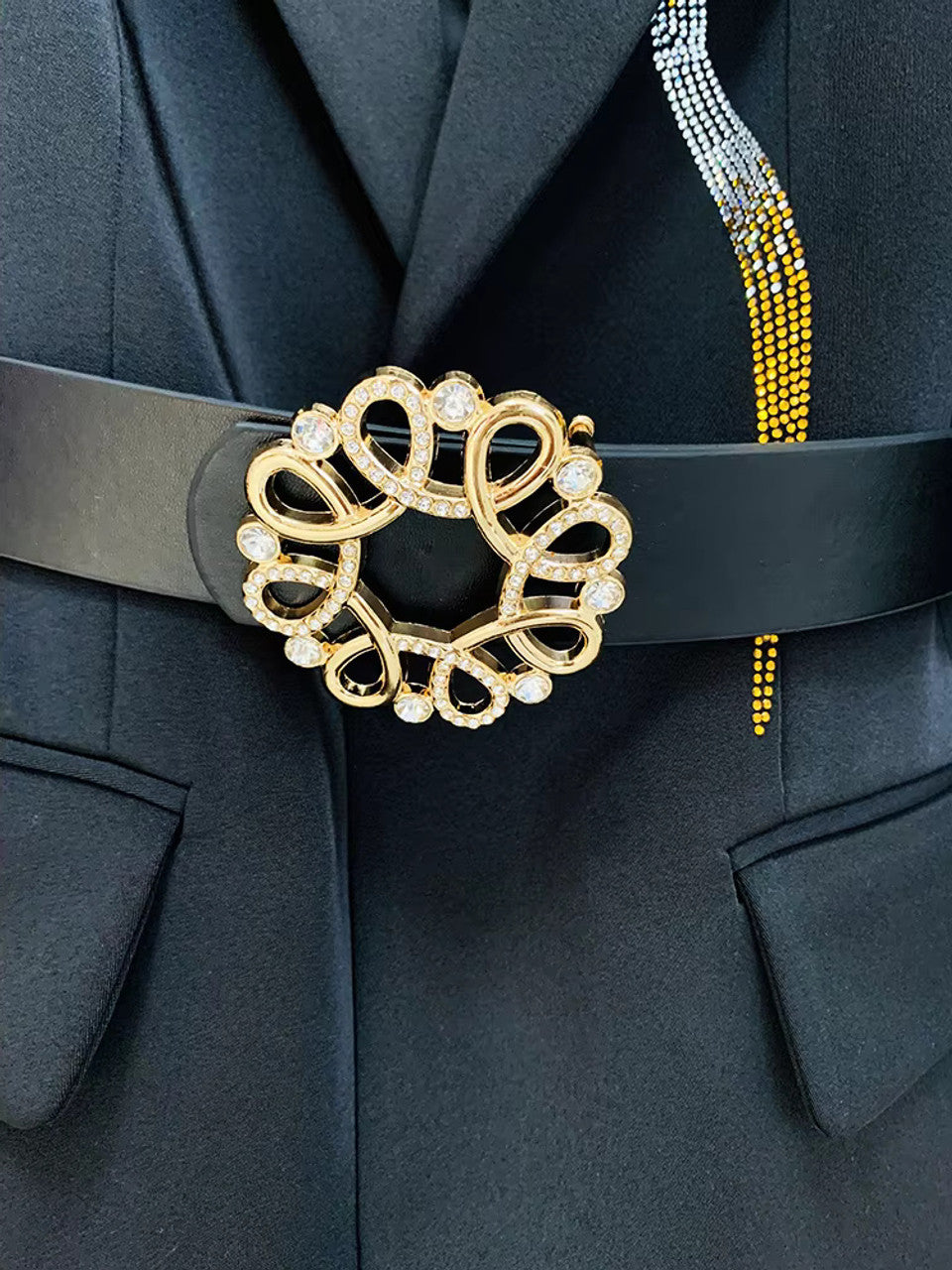 Long Sleeve Belt Crystal Suit