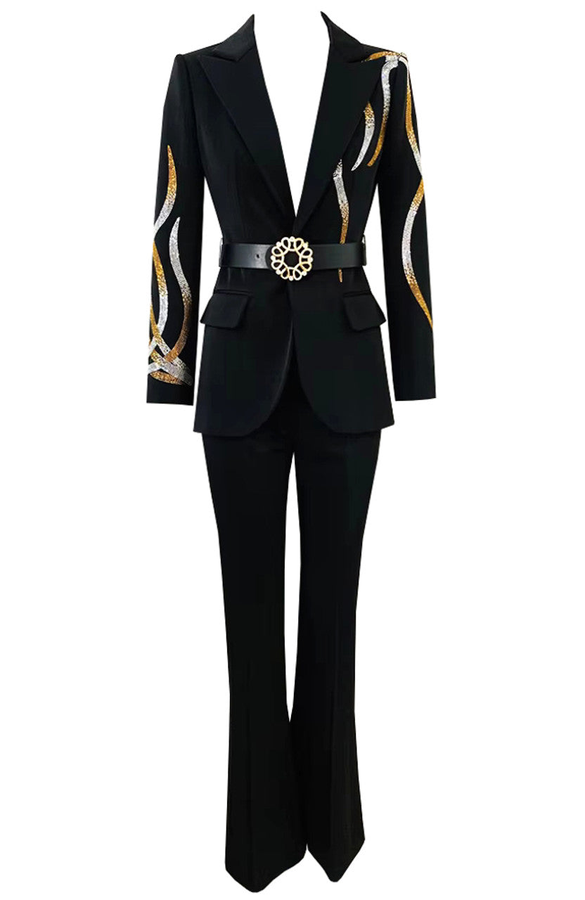 Long Sleeve Belt Crystal Suit