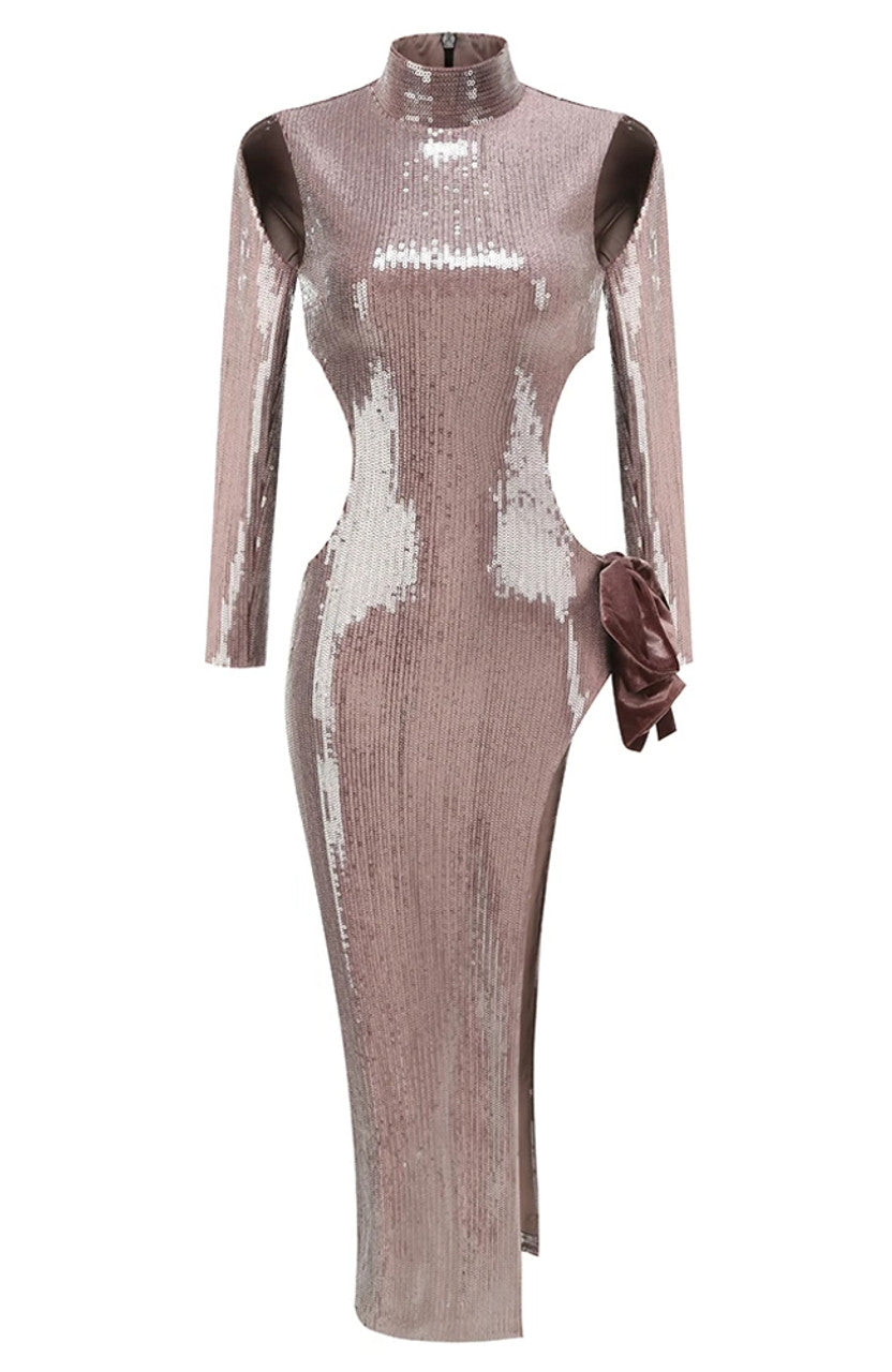 Long Sleeve Bow Detail Sequin Maxi Dress HV1705