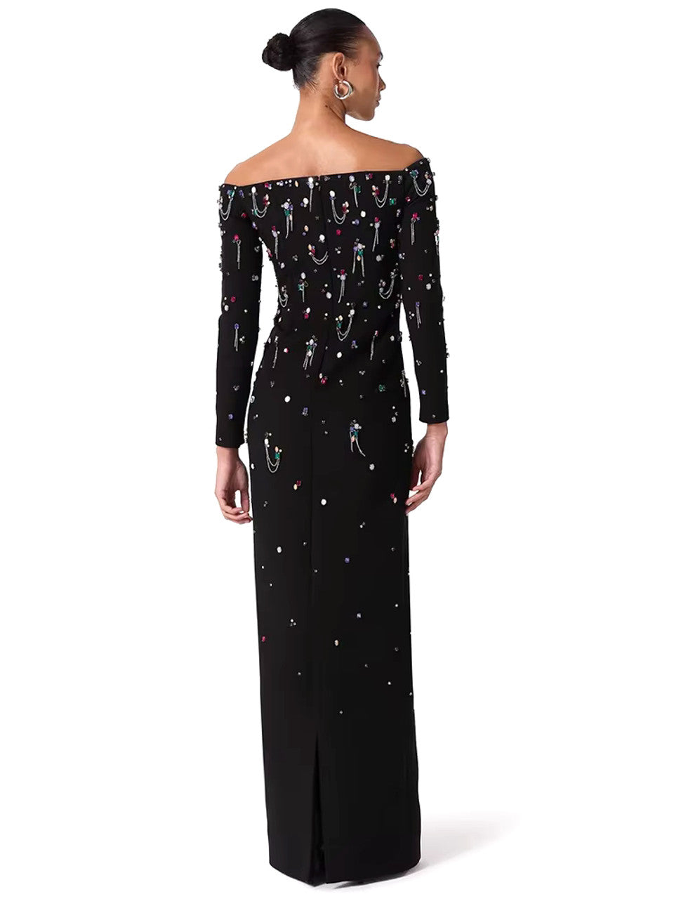 Long Sleeve Crystal Chain Maxi Dress Black