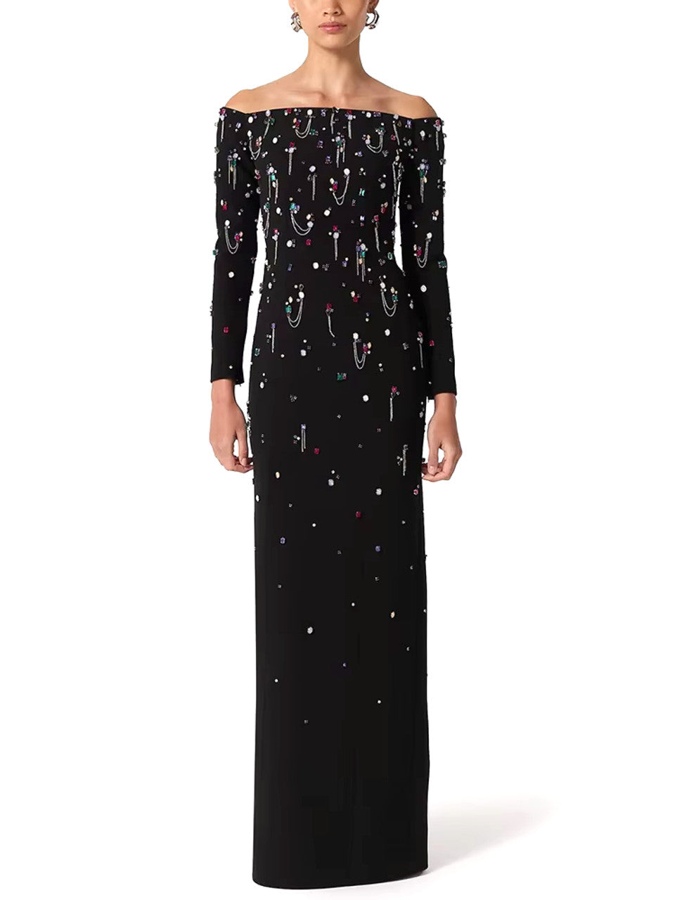 Long Sleeve Crystal Chain Maxi Dress Black