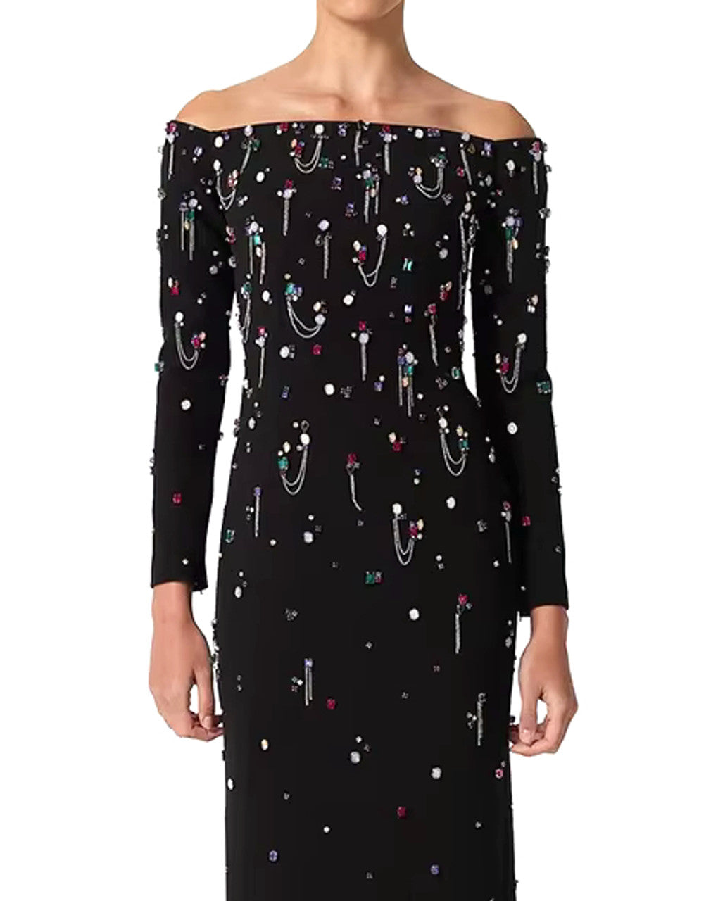 Long Sleeve Crystal Chain Maxi Dress Black