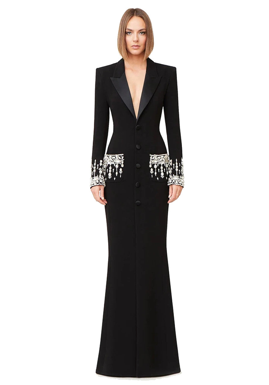 Long Sleeve Crystal Sequin Maxi Coat Dress Black HV1179