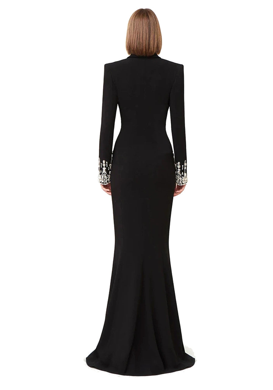 Long Sleeve Crystal Sequin Maxi Coat Dress Black HV1179