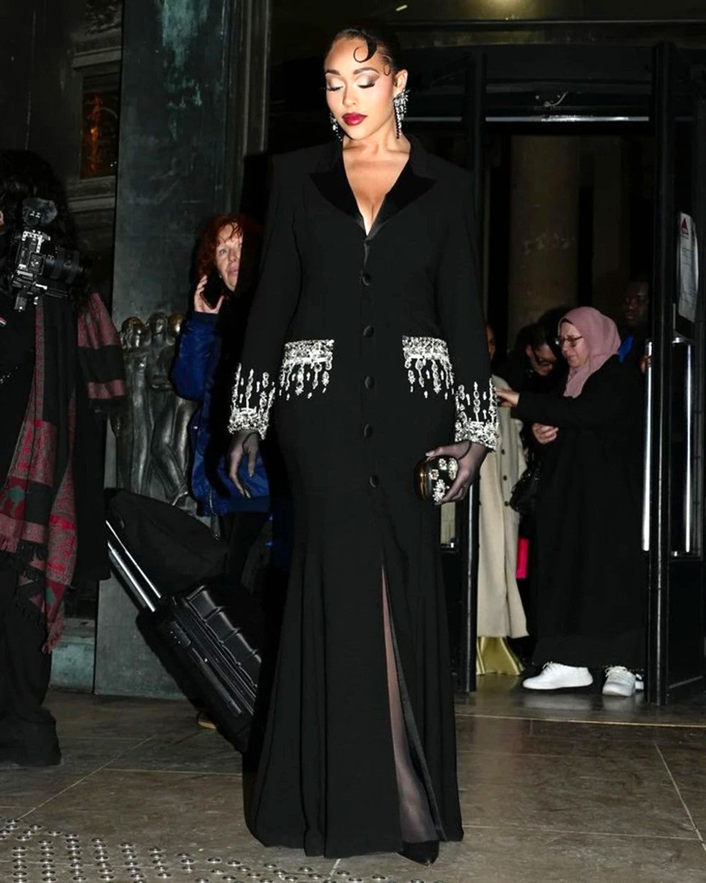 Long Sleeve Crystal Sequin Maxi Coat Dress Black HV1179