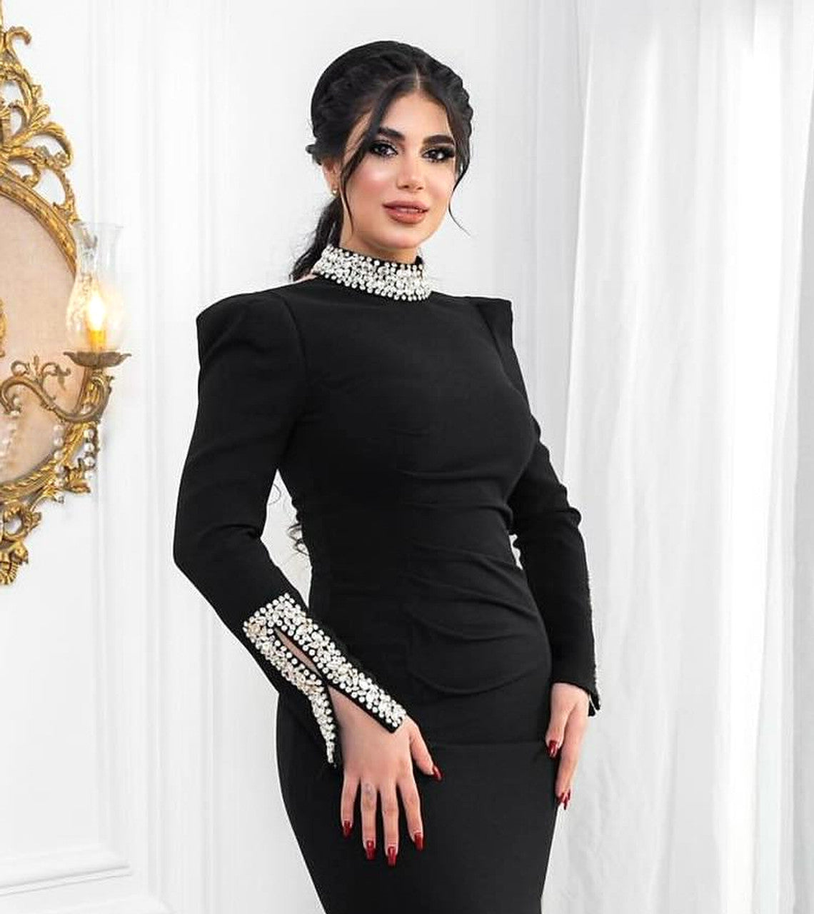 Long Sleeve Crystal Detail Midi Dress Black HV1687