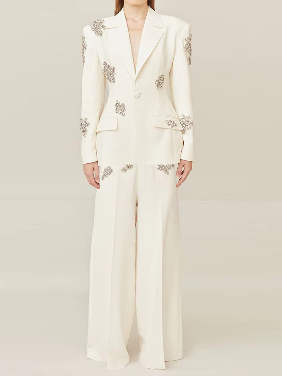 Long Sleeve Crystal Applique Suit White