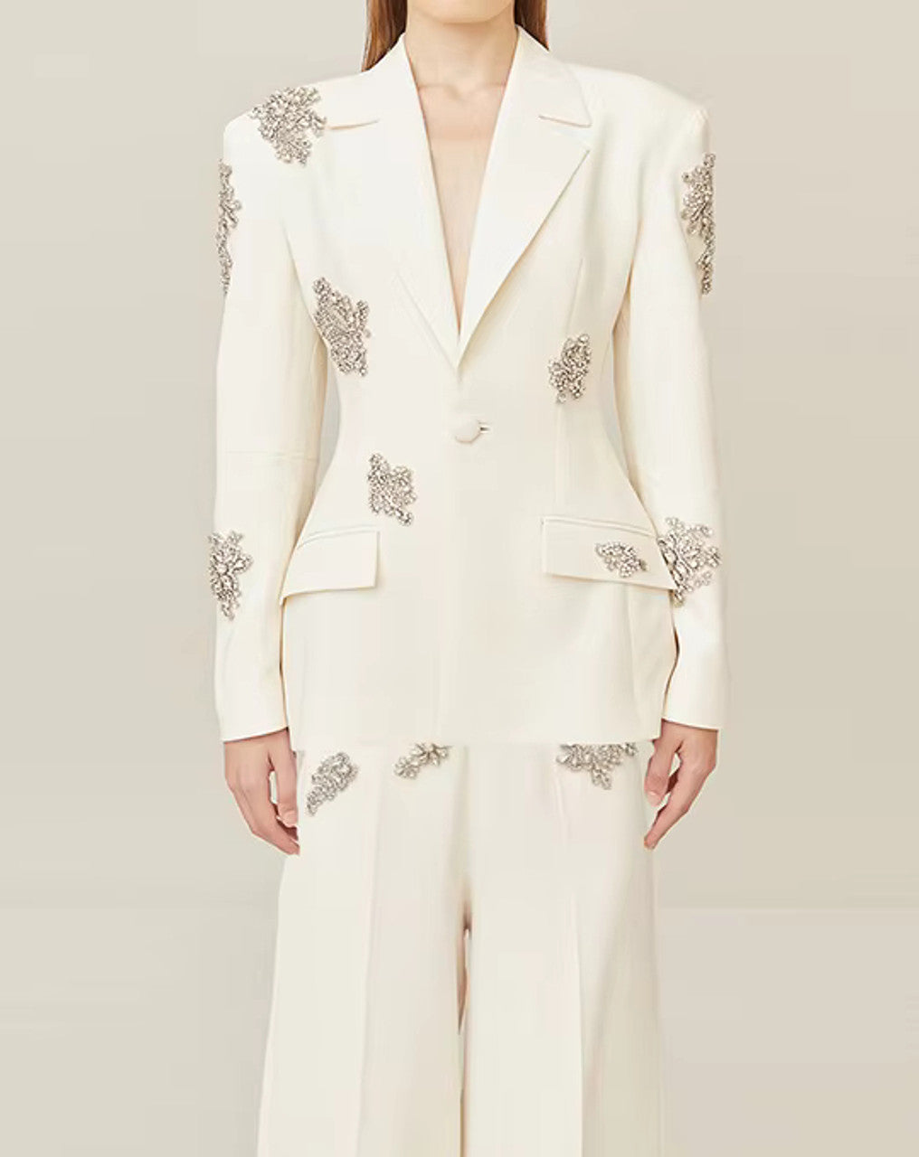 Long Sleeve Crystal Applique Suit White