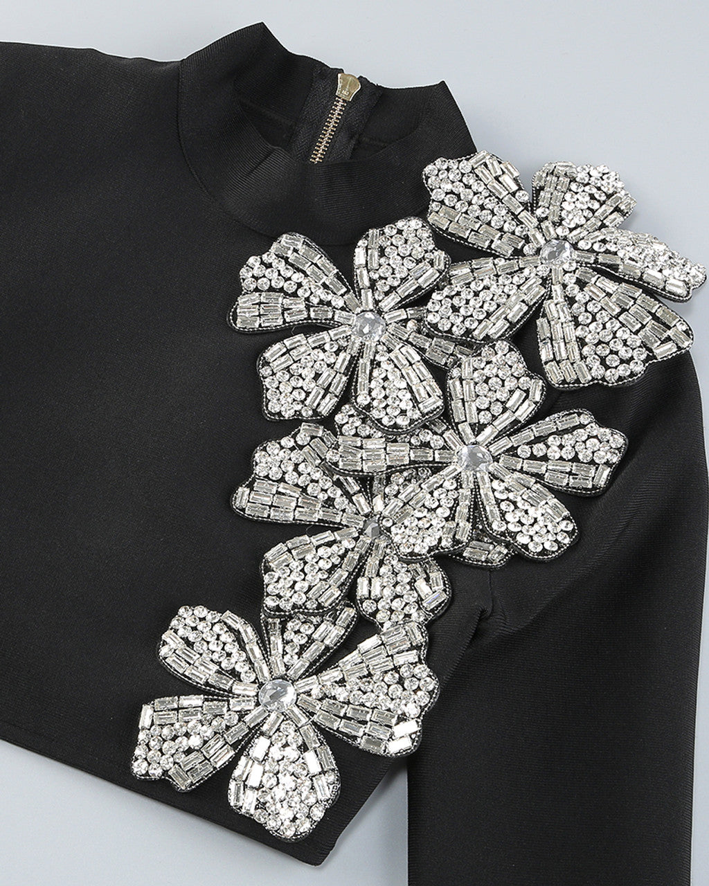 Long Sleeve Crystal Floral Two Piece Dress Black HV1695