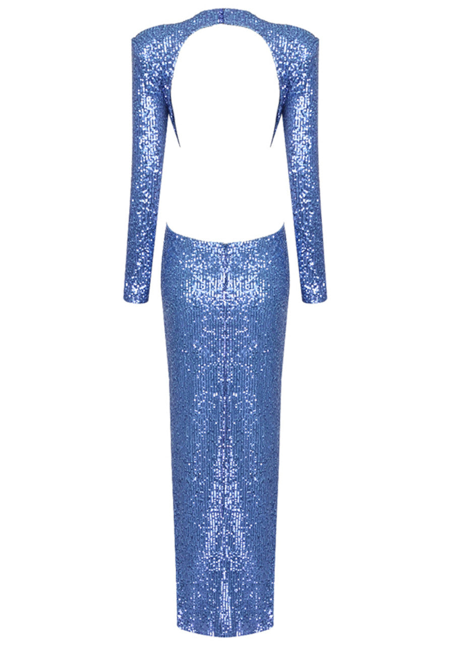 Long Sleeve Crystal Flower Sequin Maxi Dress