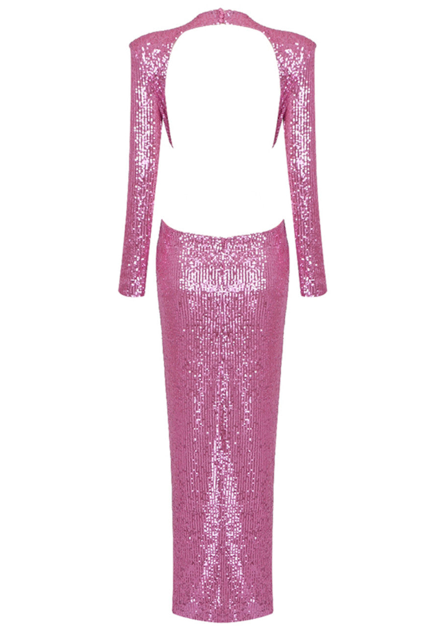 Long Sleeve Crystal Flower Sequin Maxi Dress