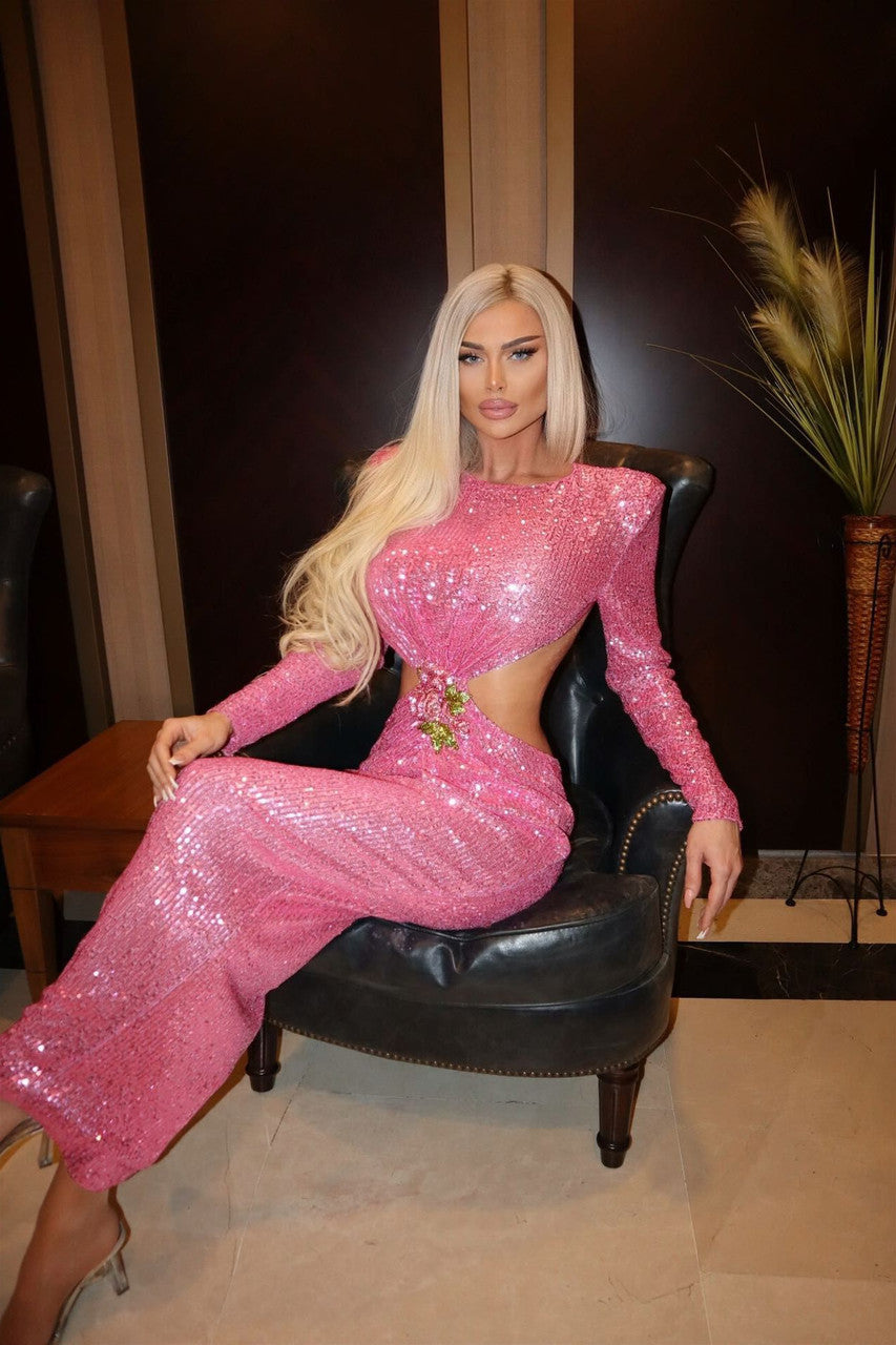 Long Sleeve Crystal Flower Sequin Maxi Dress